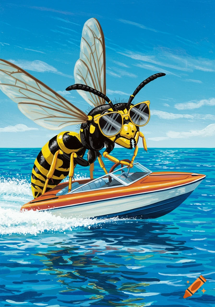 A cartoon wasp wearing sunglasses drives an orange speedboat across blue water, with a clear sky in the background.