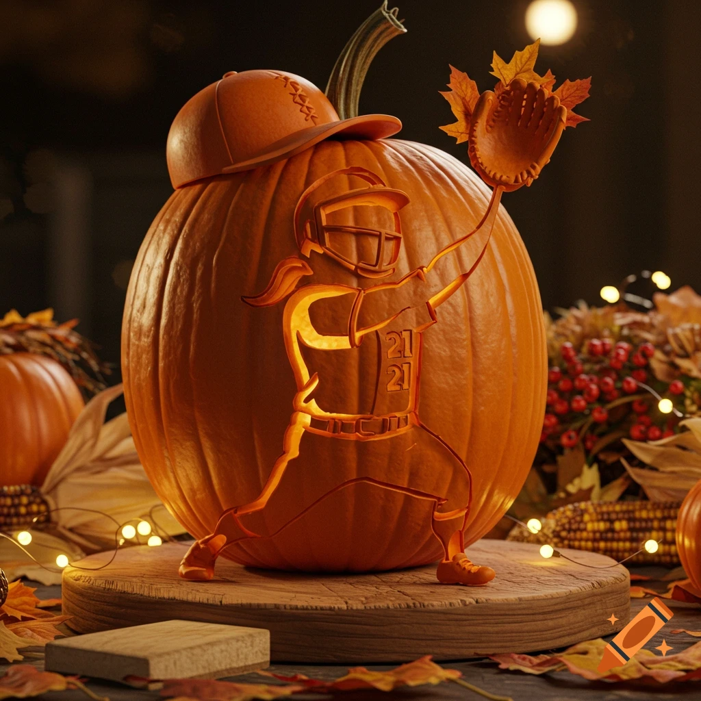 A photorealistic pumpkin carved with a softball player in uniform, wearing a cap and holding a mitt, surrounded by autumn leaves and fairy lights.