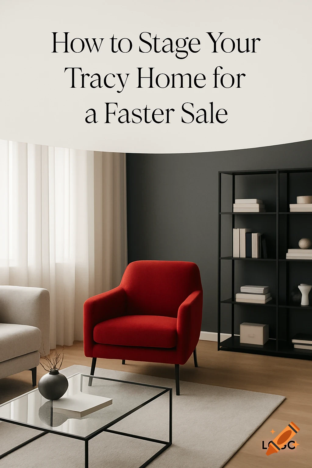 A modern staged living room with a red armchair, gray sofa, glass coffee table, and black bookshelf. Text reads 'How to Stage Your Tracy Home for a Faster Sale'.