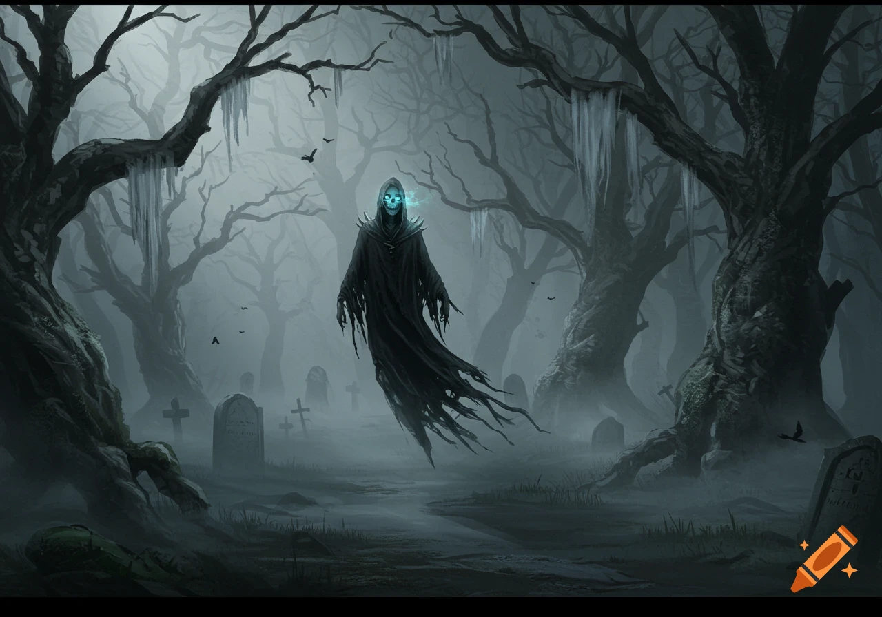 A glowing-eyed grim reaper in a tattered robe floats through a foggy, eerie graveyard with twisted, barren trees and icicles.