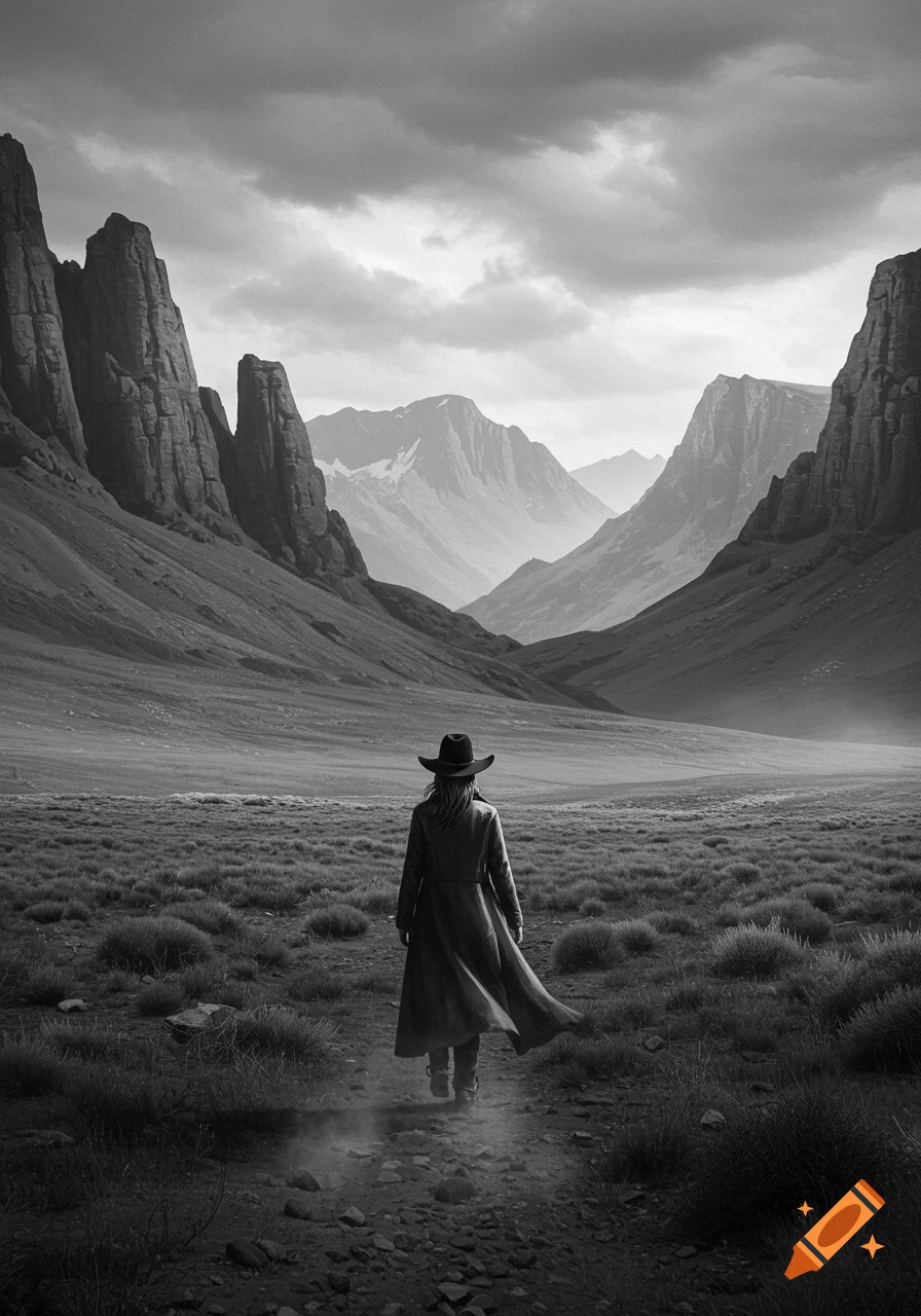 A person in a cowboy hat and long coat walks away through a vast, grassy mountain valley, rendered in black and white.
