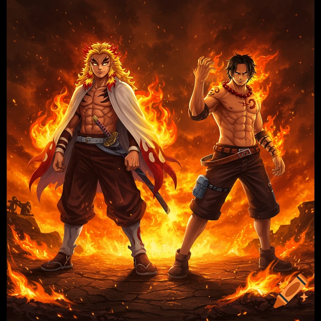 Rengoku Kyojuro and Portgas D. Ace, muscular anime characters, stand in a fiery landscape.