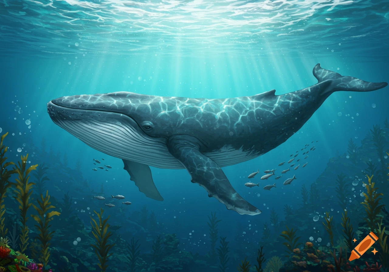 A large blue whale swims gracefully in clear blue ocean waters, with small fish, sun rays, and seaweed visible.