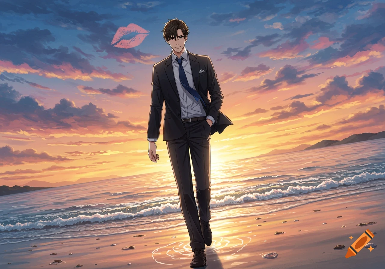 An anime man in a suit walks on a beach towards the camera under a vibrant sunset sky, with a pink kiss mark floating above.