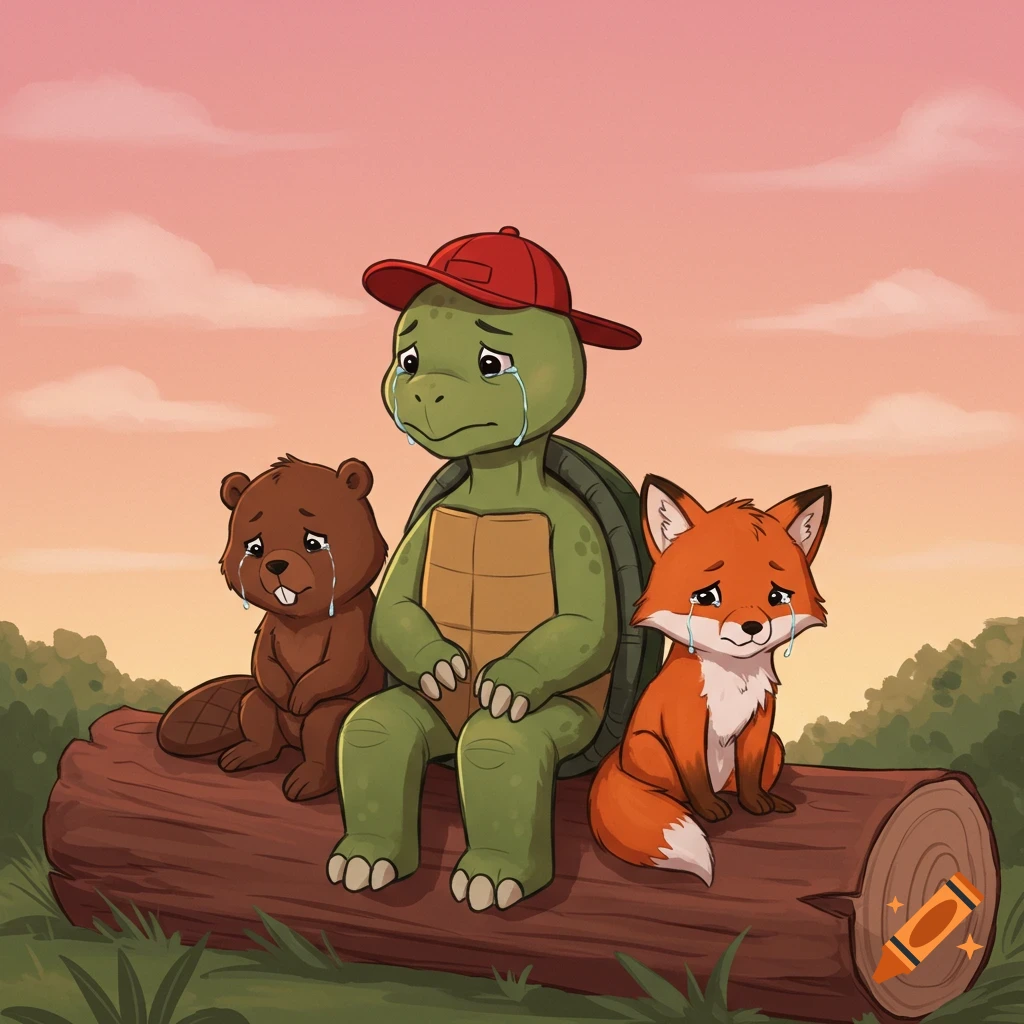 A sad cartoon turtle in a red cap sits on a log with a crying beaver on his left and a crying fox on his right, under a pink sky.