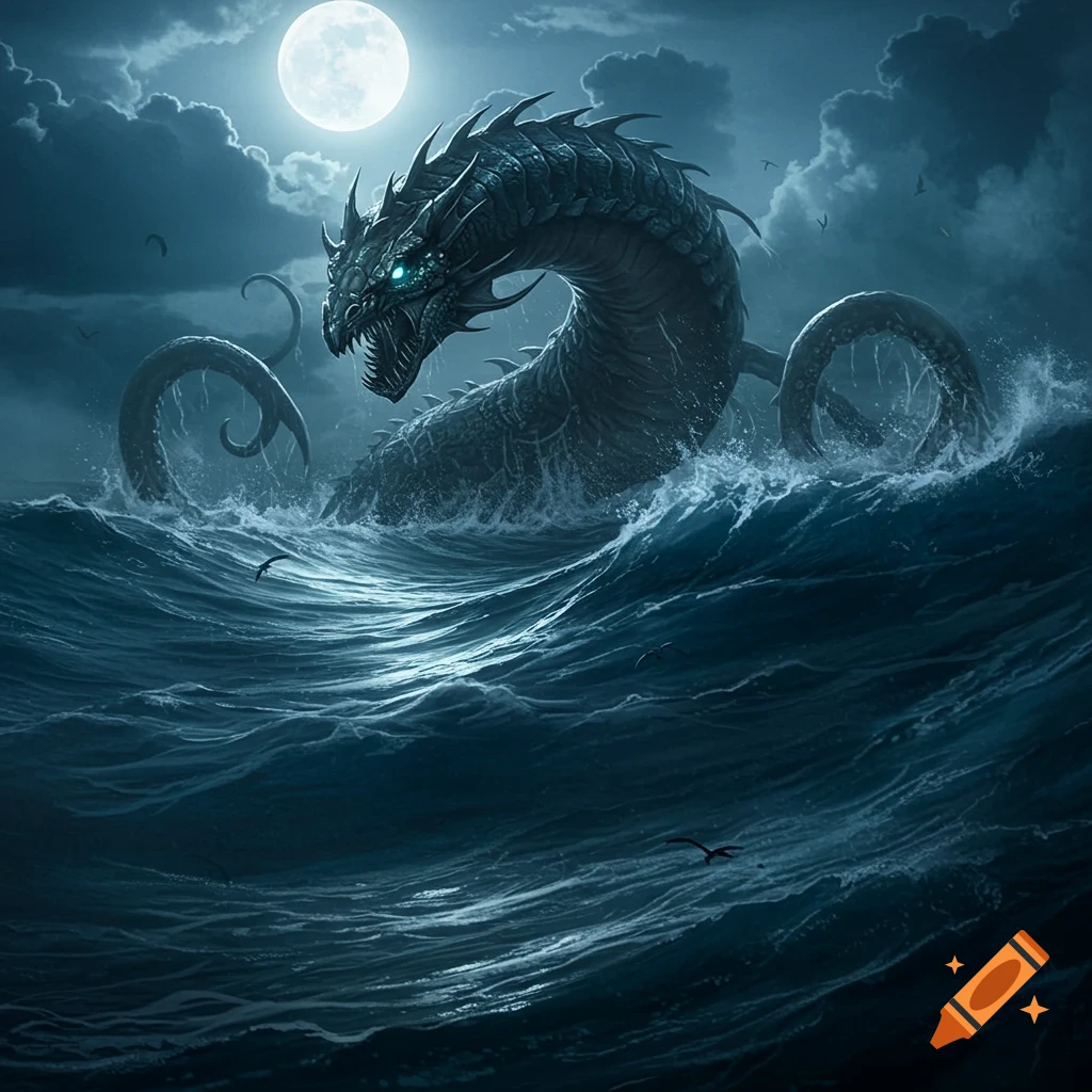 A gigantic, scary sea monster with glowing eyes emerges from dark, stormy ocean waves under a bright full moon.
