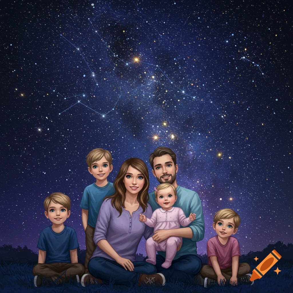 Illustration of a family with parents, two boys, and a baby girl sitting on grass under a starry night sky.