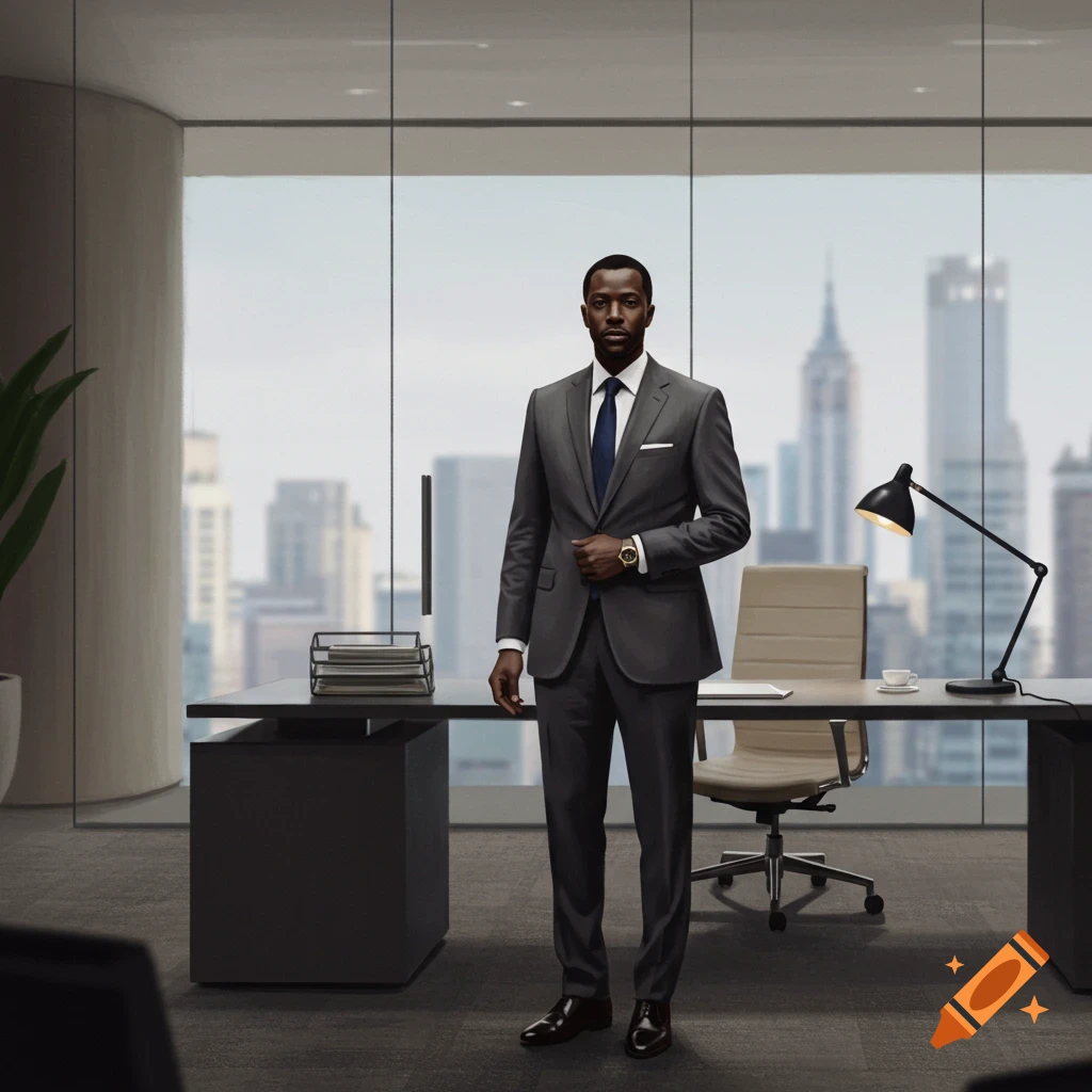 Photorealistic image of a man in a gray suit and blue tie standing in a modern office with a city skyline view.