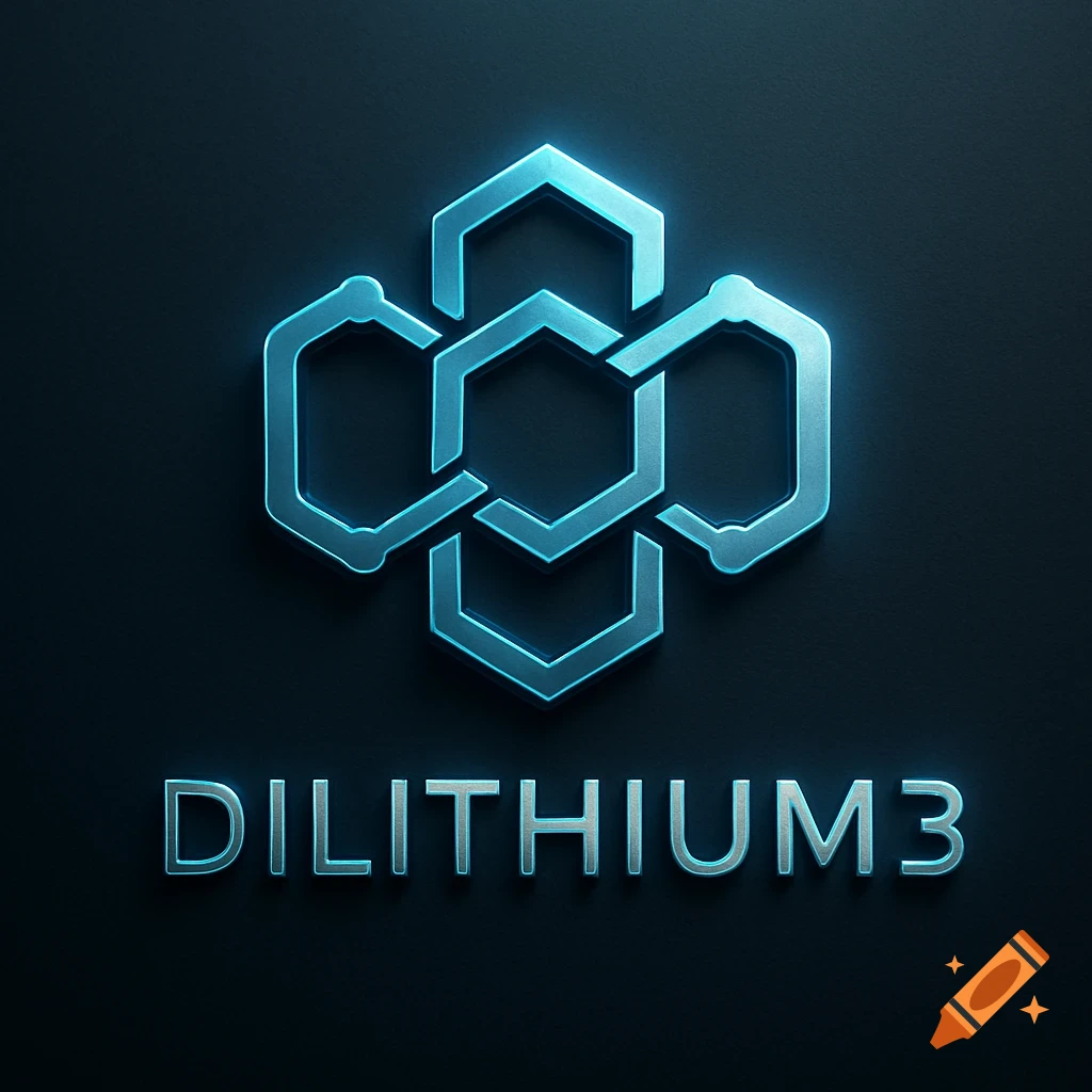 A futuristic, glowing blue hexagonal logo with the brand name DILITHIUM3 beneath it on a dark background.
