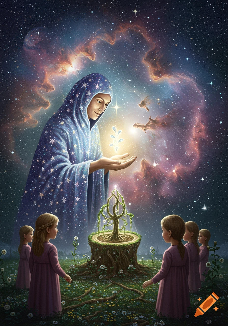 A large cosmic figure in a star-dusted cloak holds a glowing sprout over a luminous tree as children watch in a field under a starry nebula sky.