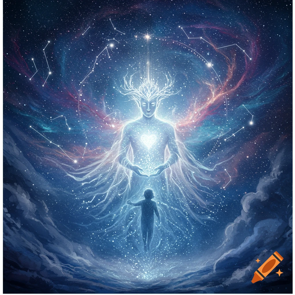 A glowing, ethereal, antlered cosmic being holds light over a smaller glowing child figure in a starry, nebulous galaxy.