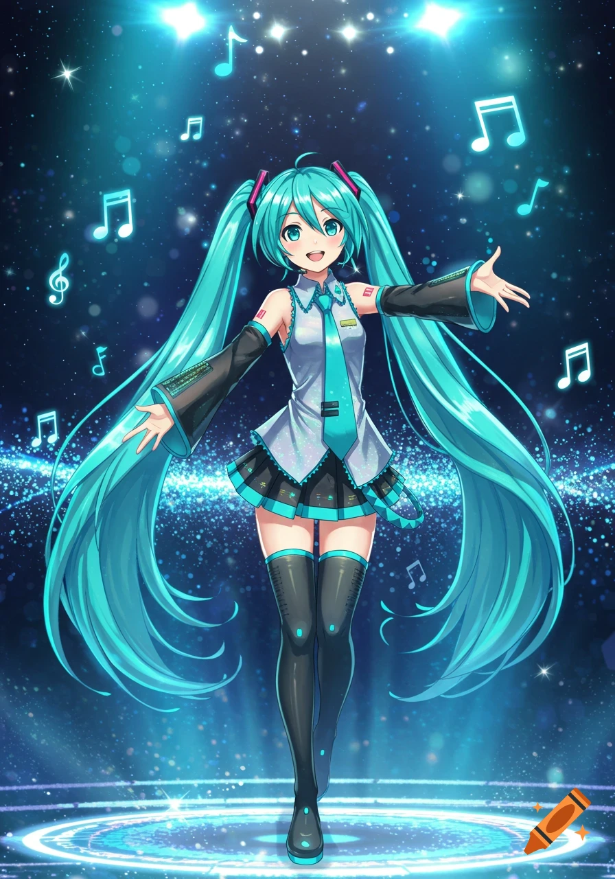 An anime character with long turquoise pigtails and a black and white outfit stands on a sparkling blue stage with glowing musical notes.