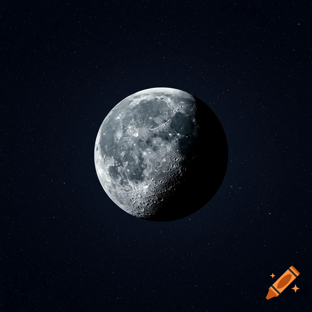 A realistic and detailed image of the moon, partially lit, against a dark night sky filled with stars.