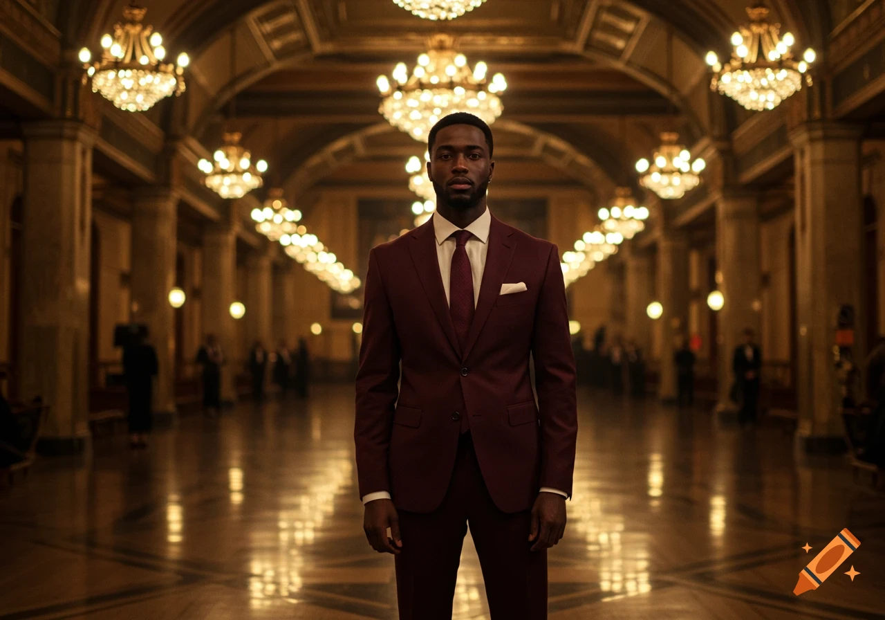 A Black man in a burgundy suit stands centrally in a grand, ornate hall with many chandeliers and reflective floors.