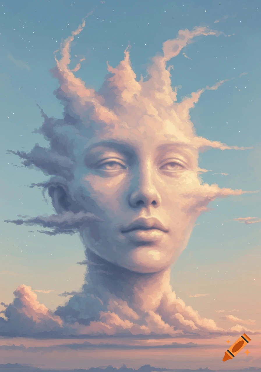 A serene human face formed from soft, wispy clouds, against a light blue sky with scattered stars.