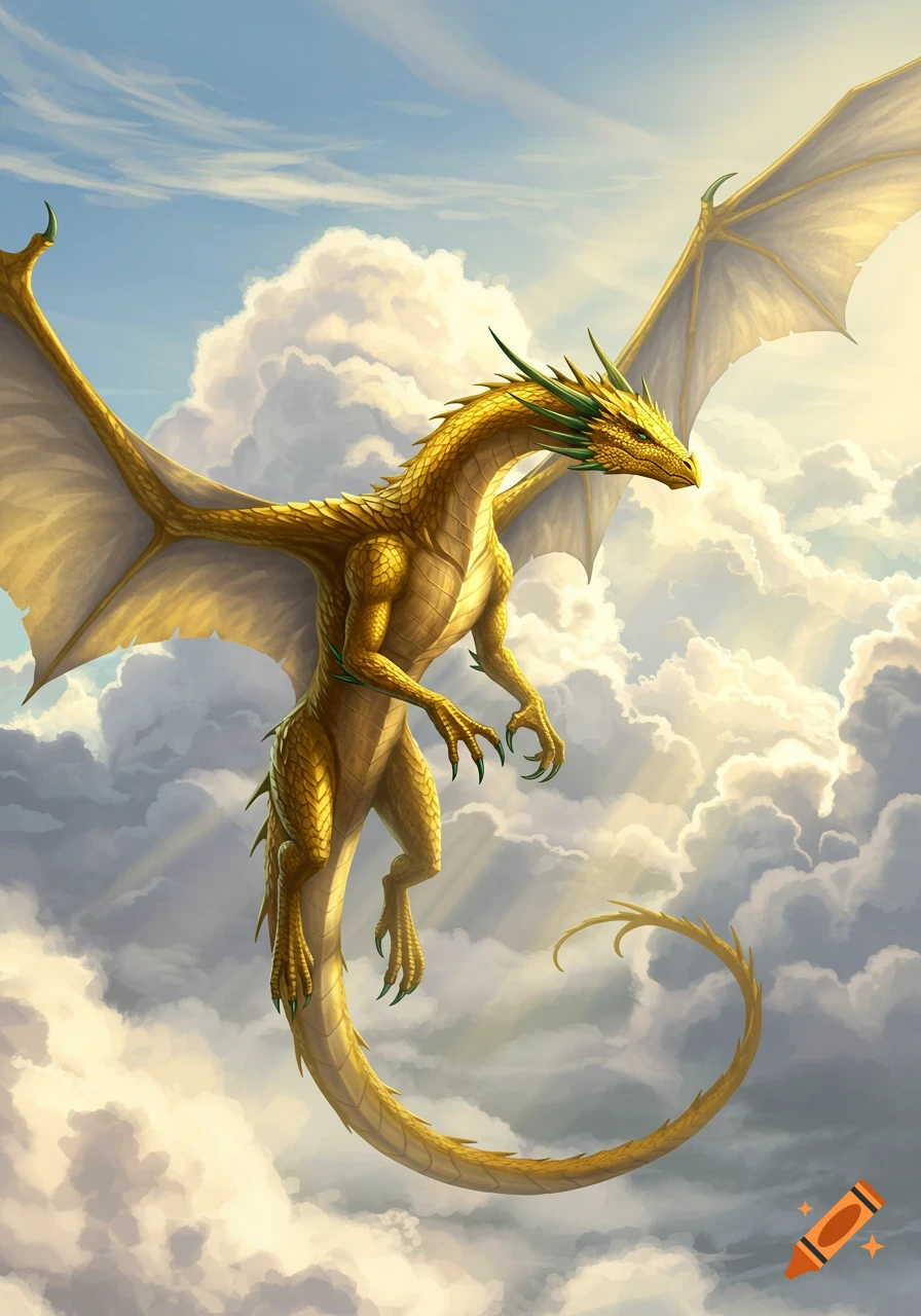 A majestic golden dragon with green spikes and light wings soars through a bright, cloudy sky with sunbeams.