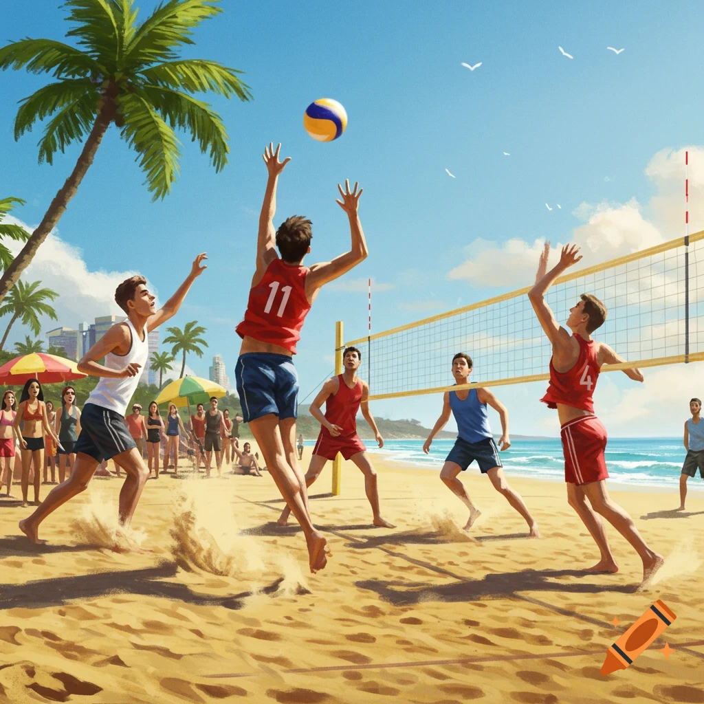 Illustrative scene of people playing beach volleyball on a sunny beach with palm trees and ocean.