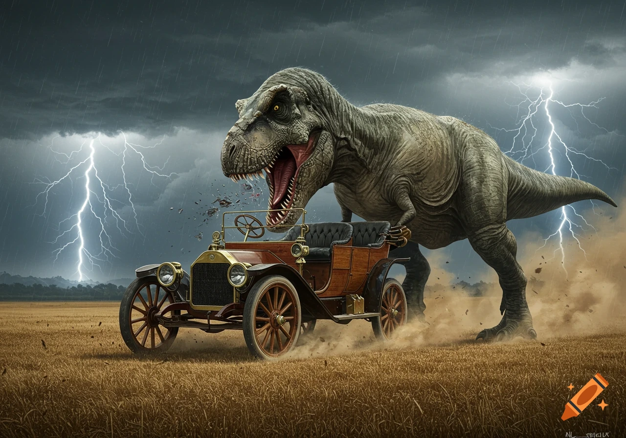 A ferocious Tyrannosaurus Rex attacks a vintage 1910s automobile in a stormy field under a lightning-filled sky.