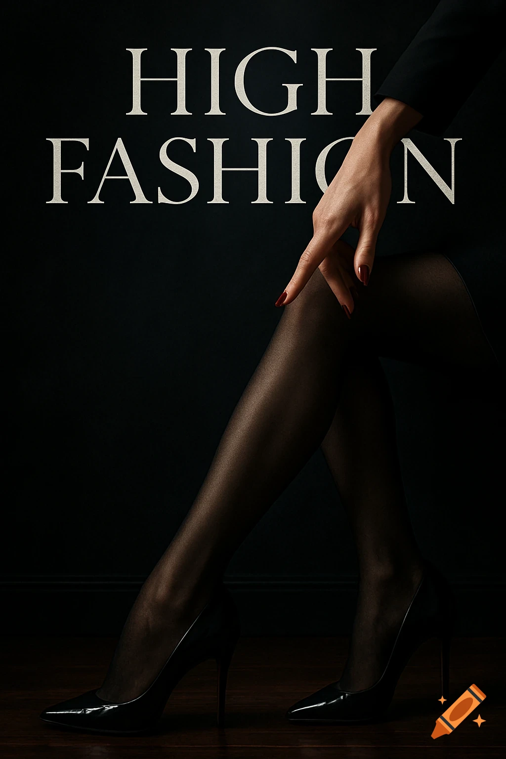 A dramatic, low-light photorealistic image of legs in sheer black nylons and high heels, with a hand touching a leg. Text 'HIGH FASHION' is at the top.