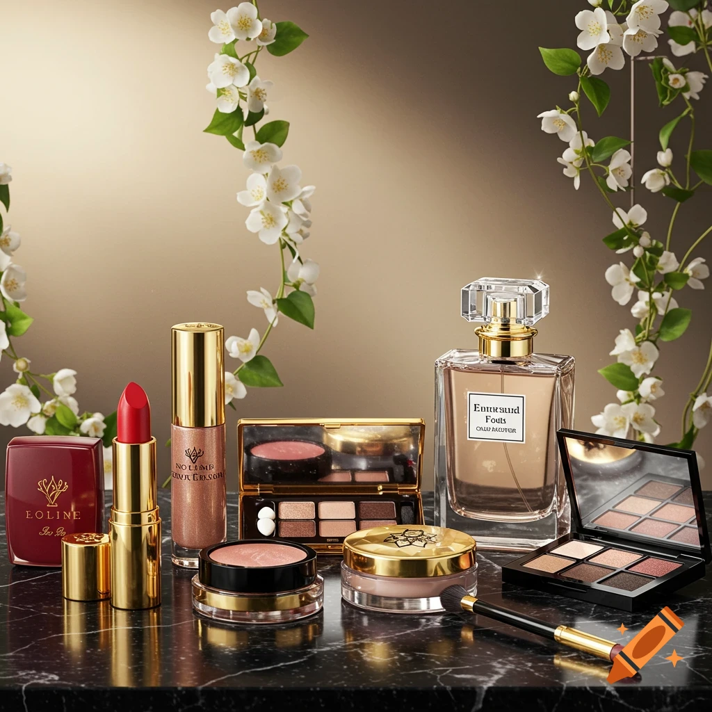 A luxurious still life photo of various beauty products including lipstick, perfume, eyeshadow palettes, and powder containers, adorned with white jasmine flowers on a marble surface.