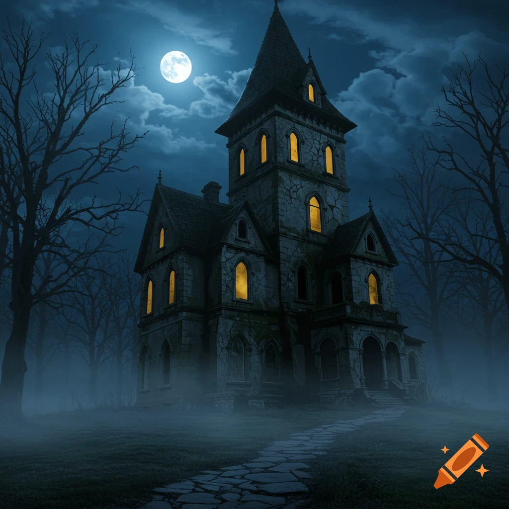 A spooky gothic mansion with glowing yellow windows stands amidst bare trees and thick fog under a bright full moon at night.