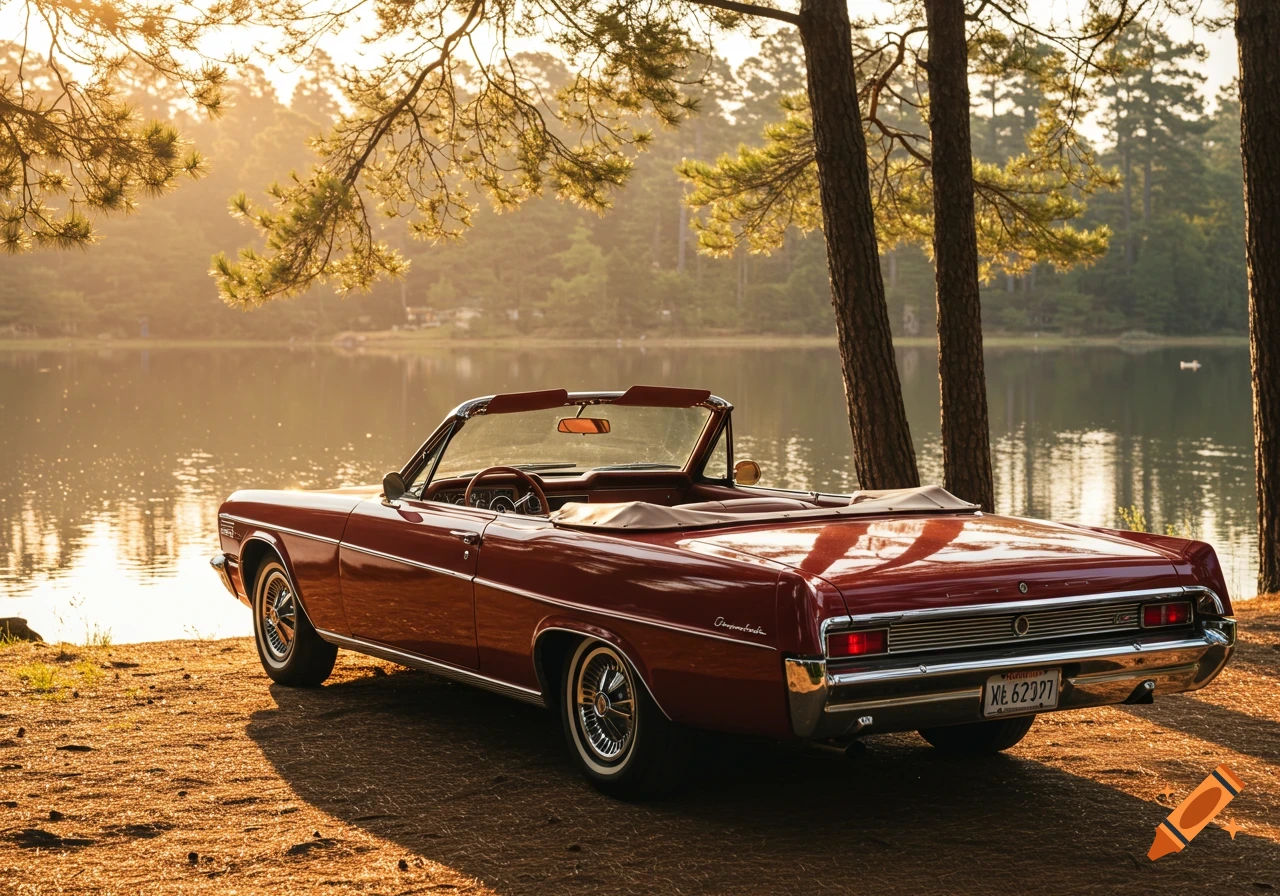 A classic red convertible car is parked beside a tranquil lake at sunset, surrounded by pine trees.