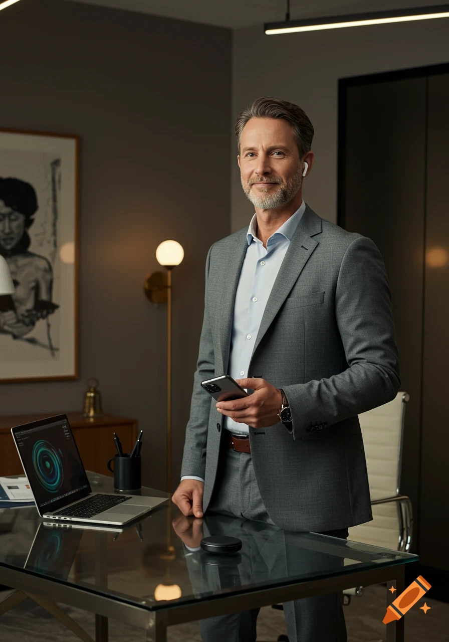 A smiling businessman in a grey suit and earbuds holds a smartphone, leaning on a glass desk with a laptop in a modern office.