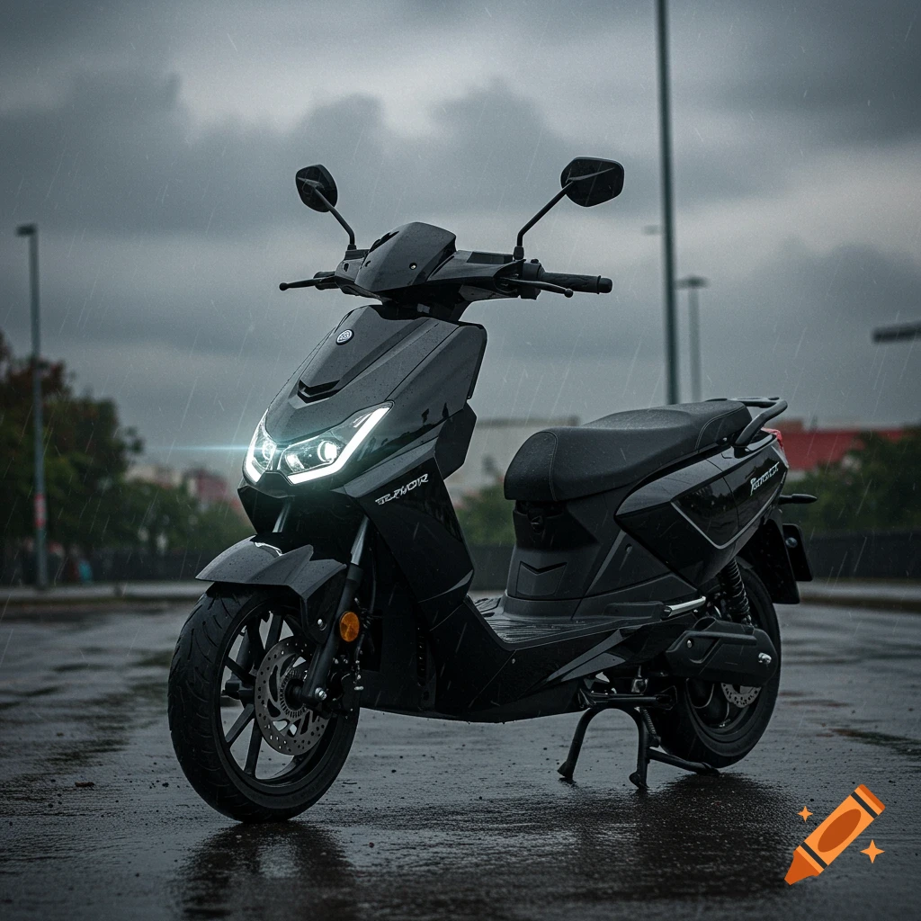 A sleek black electric scooter with bright headlights on, parked on a wet street during a rainy, cloudy day.