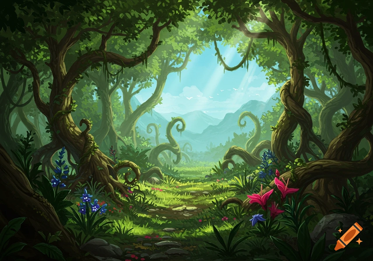 A vibrant, stylized fantasy forest with lush green foliage, winding trees, exotic flowers, and a sunlit path through to misty mountains.