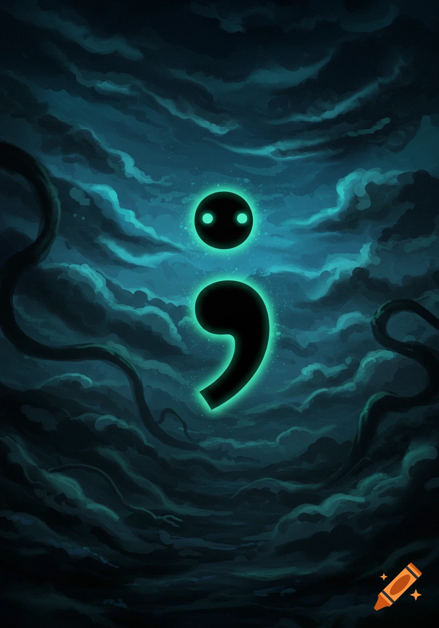 A sinister glowing green semicolon with eyes floats in dark, stormy teal clouds with shadowy tendrils.