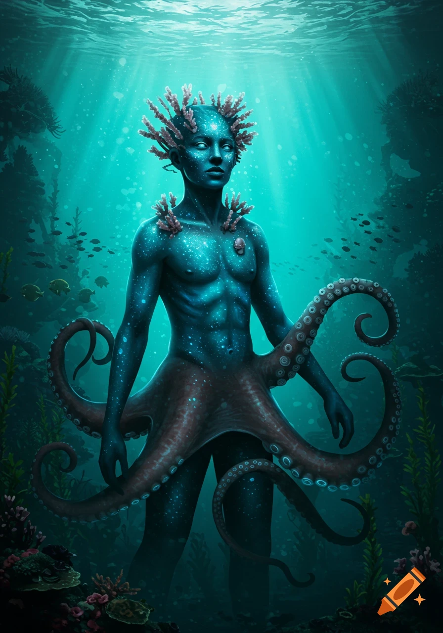 A muscular, blue-skinned human-octopus hybrid with coral on its head and shoulders stands in a sparkling underwater scene.