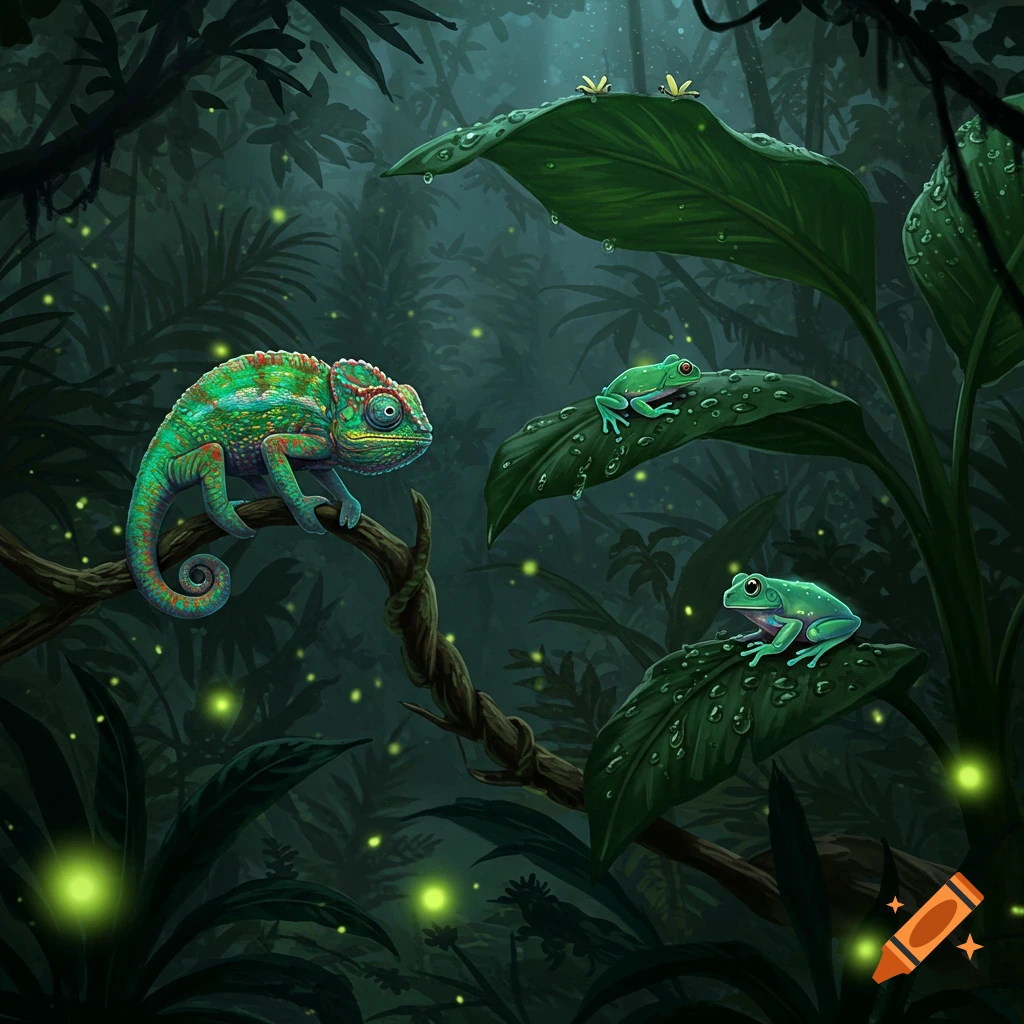 A colorful chameleon on a branch, two green frogs on dewy leaves, and glowing fireflies in a dark, stylized rainforest.
