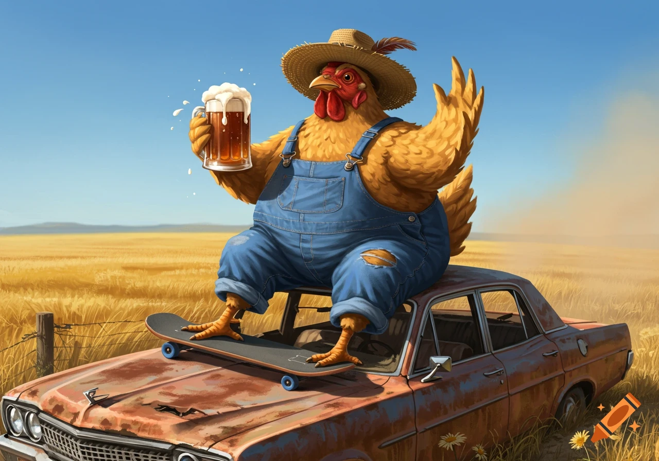 A cartoon chicken in overalls and a straw hat sits on a rusty car with a skateboard, holding a mug of beer in a golden field.