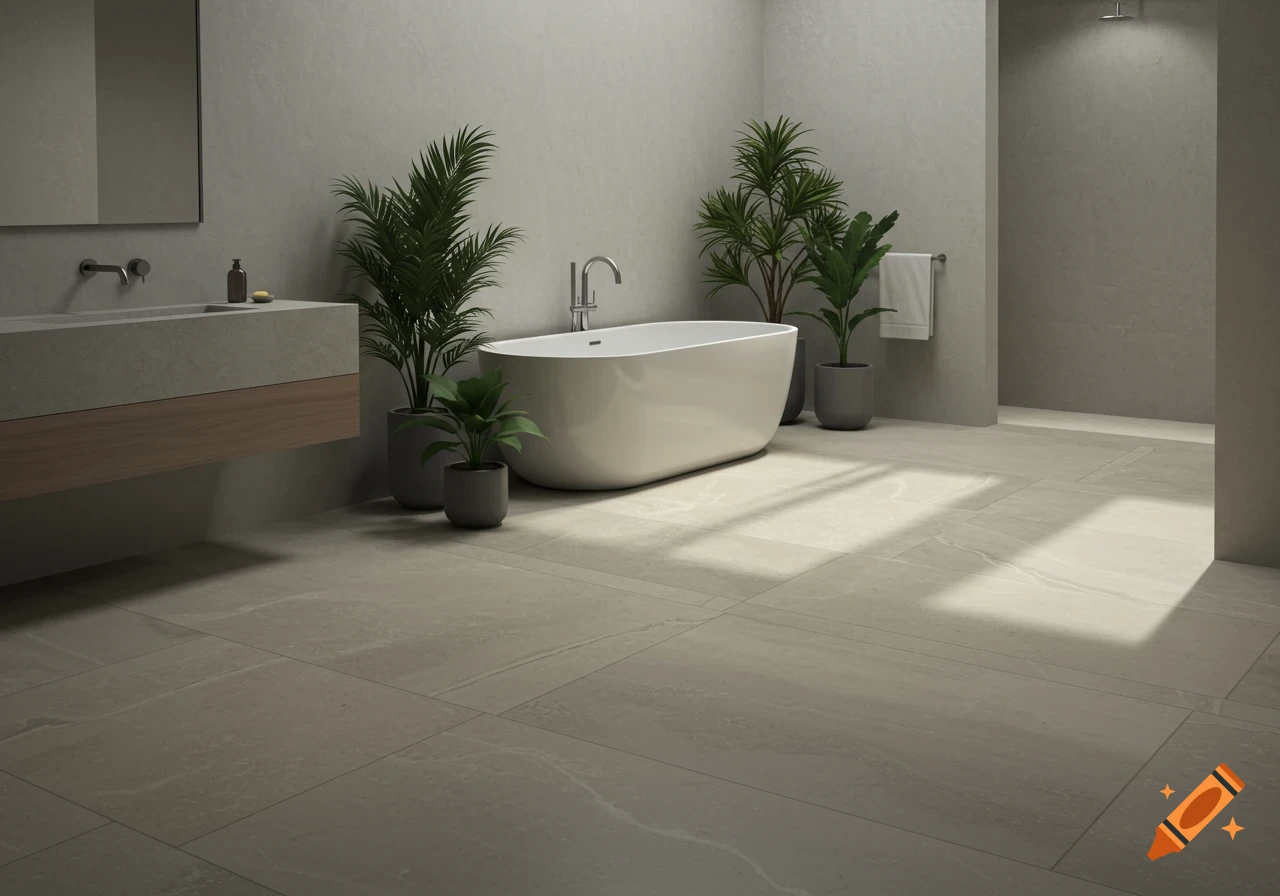 A modern, minimalist bathroom featuring limestone flooring, a freestanding bathtub, a floating vanity, and potted plants, illuminated by natural light.