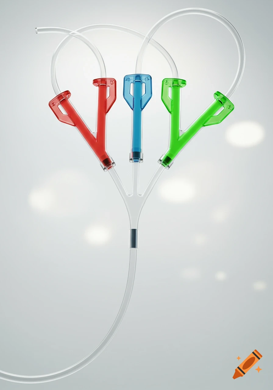 Three transparent tubes with red, blue, and green Y-split connectors merge into a single tube against a white background.