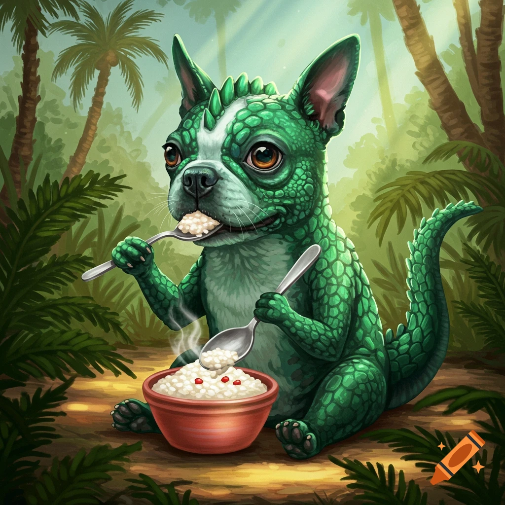 A green, scaly Boston terrier-dinosaur hybrid sits in a lush jungle, eating porridge from a bowl with two spoons.