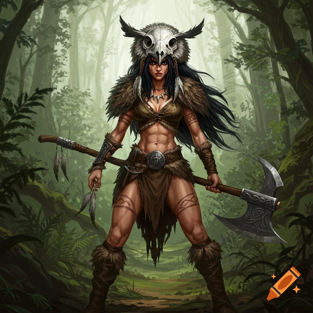 A fierce female barbarian with an owl bear skull headdress and a great axe stands in a lush forest, digital painting.