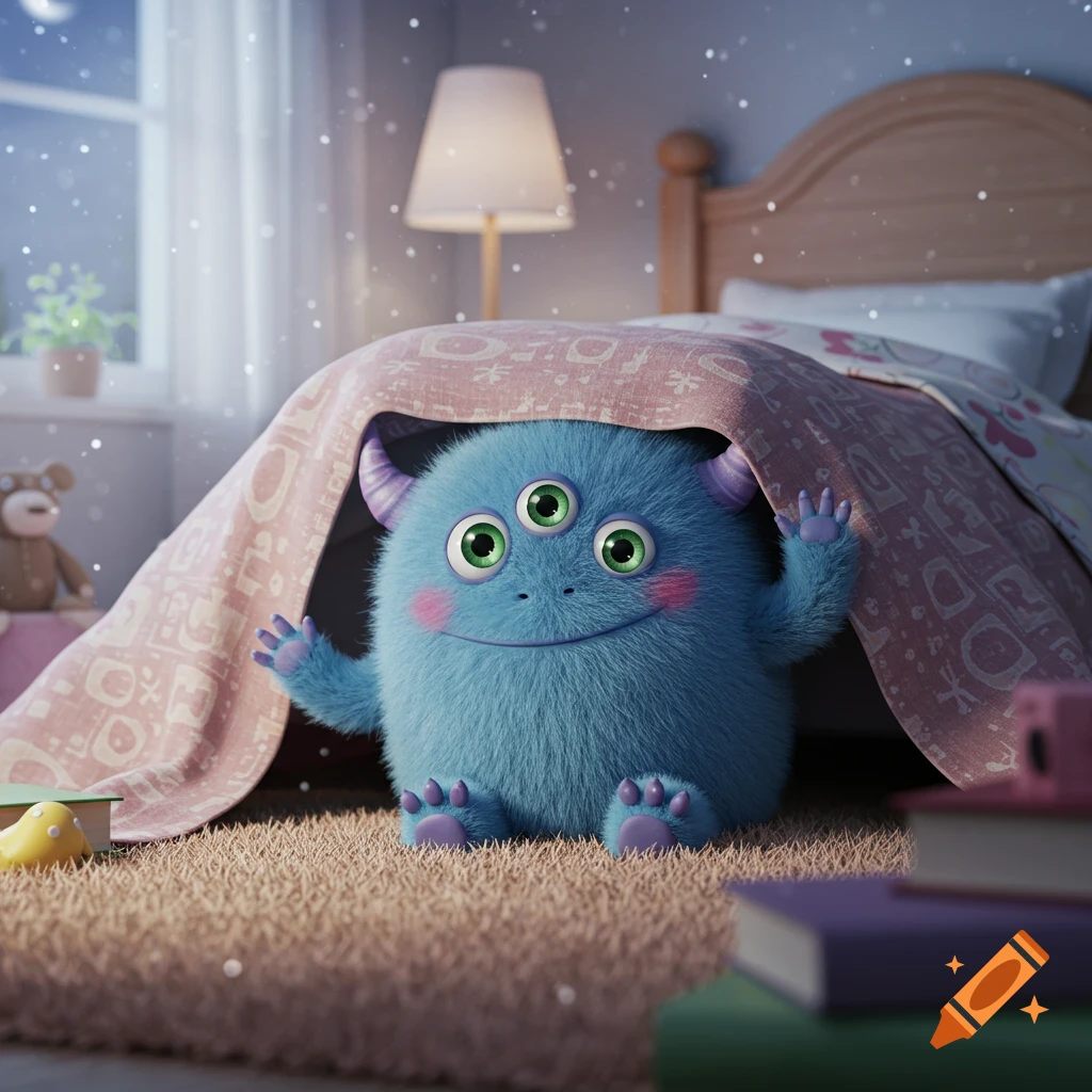 A friendly, fluffy blue monster with three green eyes and two purple horns peers from under a pink patterned blanket in a cozy bedroom.