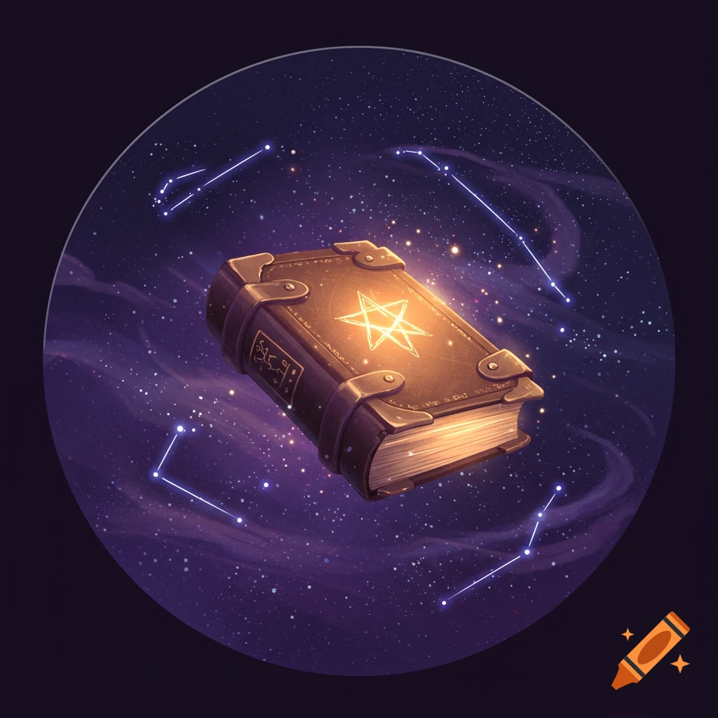 A glowing mystical book floats among stars and constellations in a dark purple cosmic space, rendered in digital art.