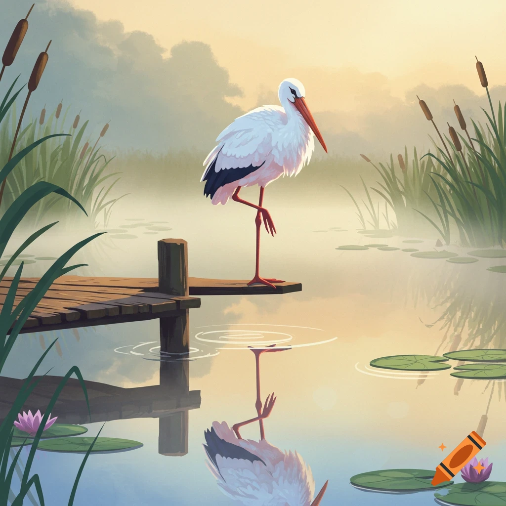 A stylized white stork with black wingtips, red beak, and legs stands on one leg on a wooden pier, reflected in misty water with lily pads.