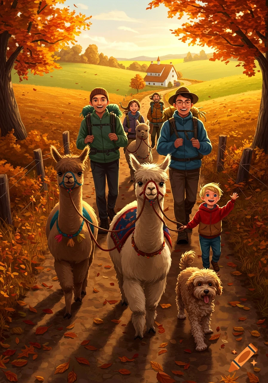 A group of people, two alpacas, and a dog hike on a dirt path through a vibrant autumn landscape with a farmhouse in the background, illustrated.