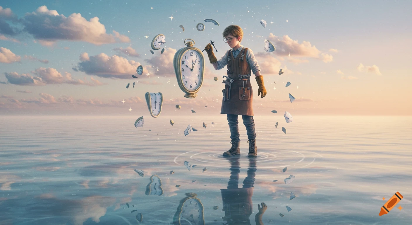 A youthful clockmaker repairs a melting clock floating above a reflective glass-like sea at dawn, surrounded by fragmented clocks. Dreamy, painterly.