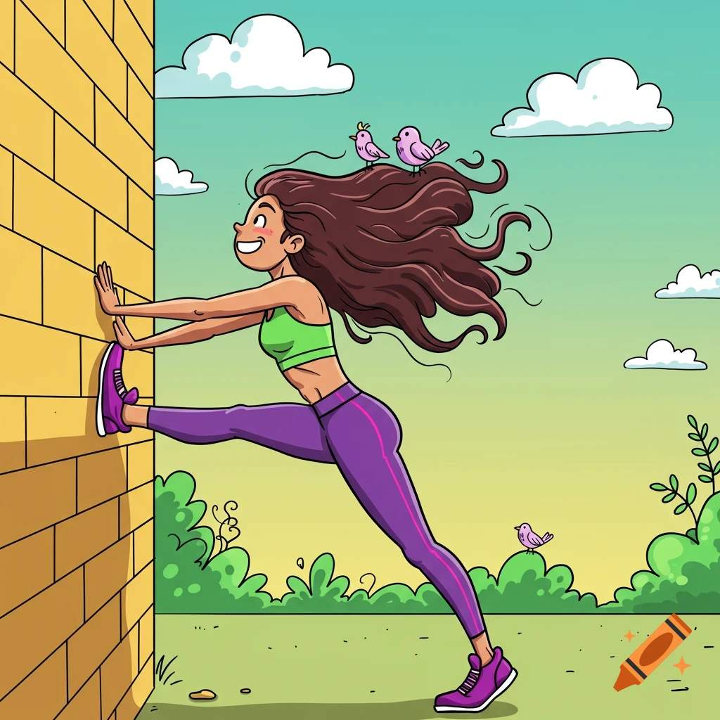 A cartoon woman with long brown hair stretches her leg against a yellow brick wall outdoors, with birds on her head.