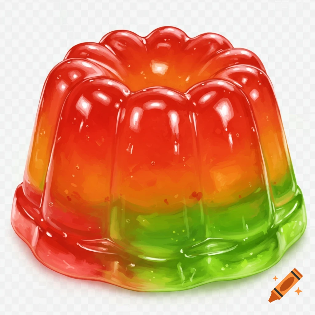 A vibrant red, orange, and green gradient jelly dessert in a fluted mold on a transparent background.