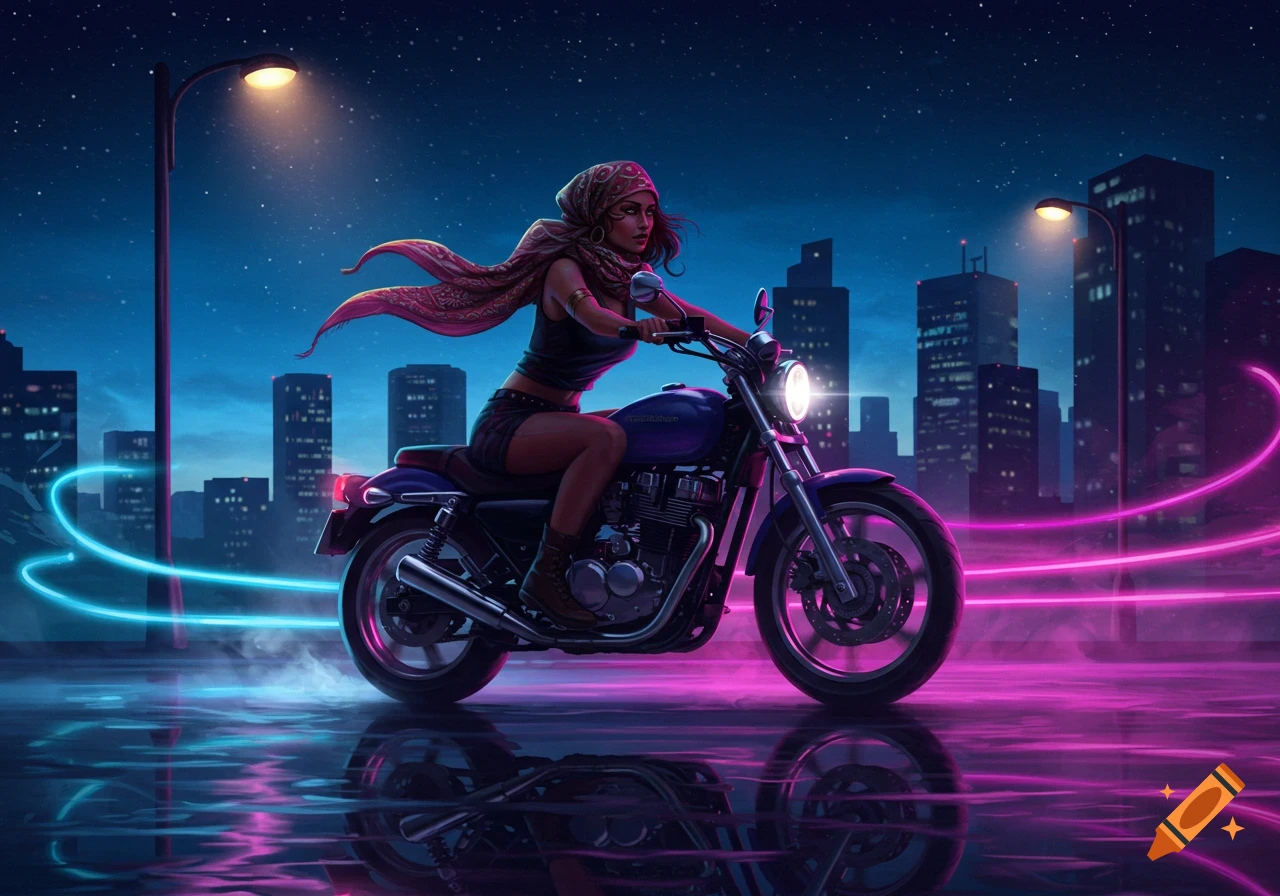 Illustrated woman on a motorcycle riding through a neon-lit city street at night.