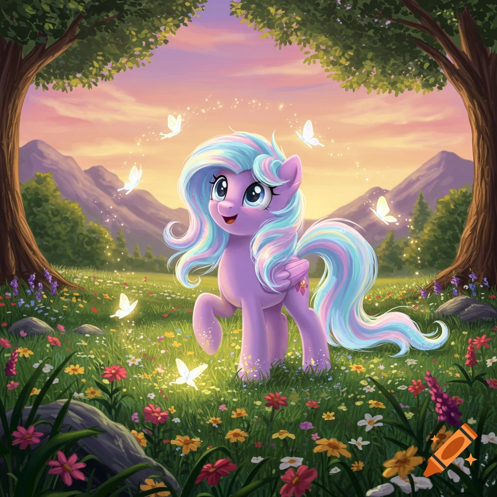 A purple pony with a rainbow mane and tail stands in a vibrant flowery meadow with butterflies, framed by trees at sunset.