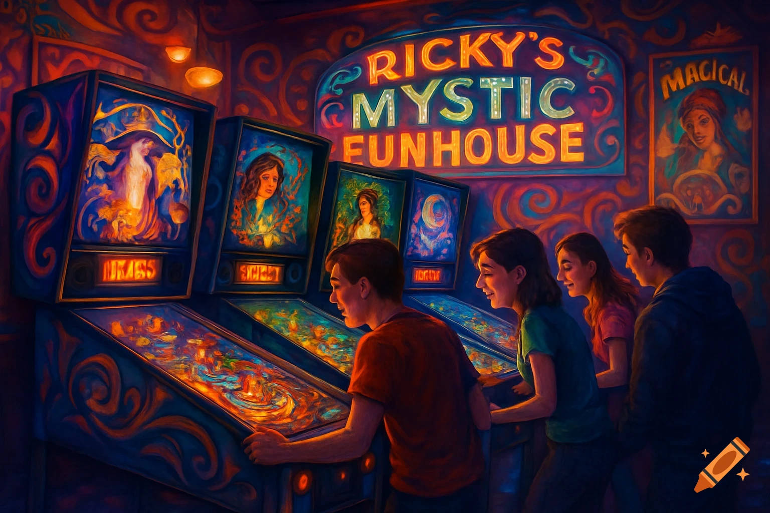 Colorful, painterly illustration of young people playing pinball machines in Ricky's Mystic Funhouse arcade, under a glowing neon sign.