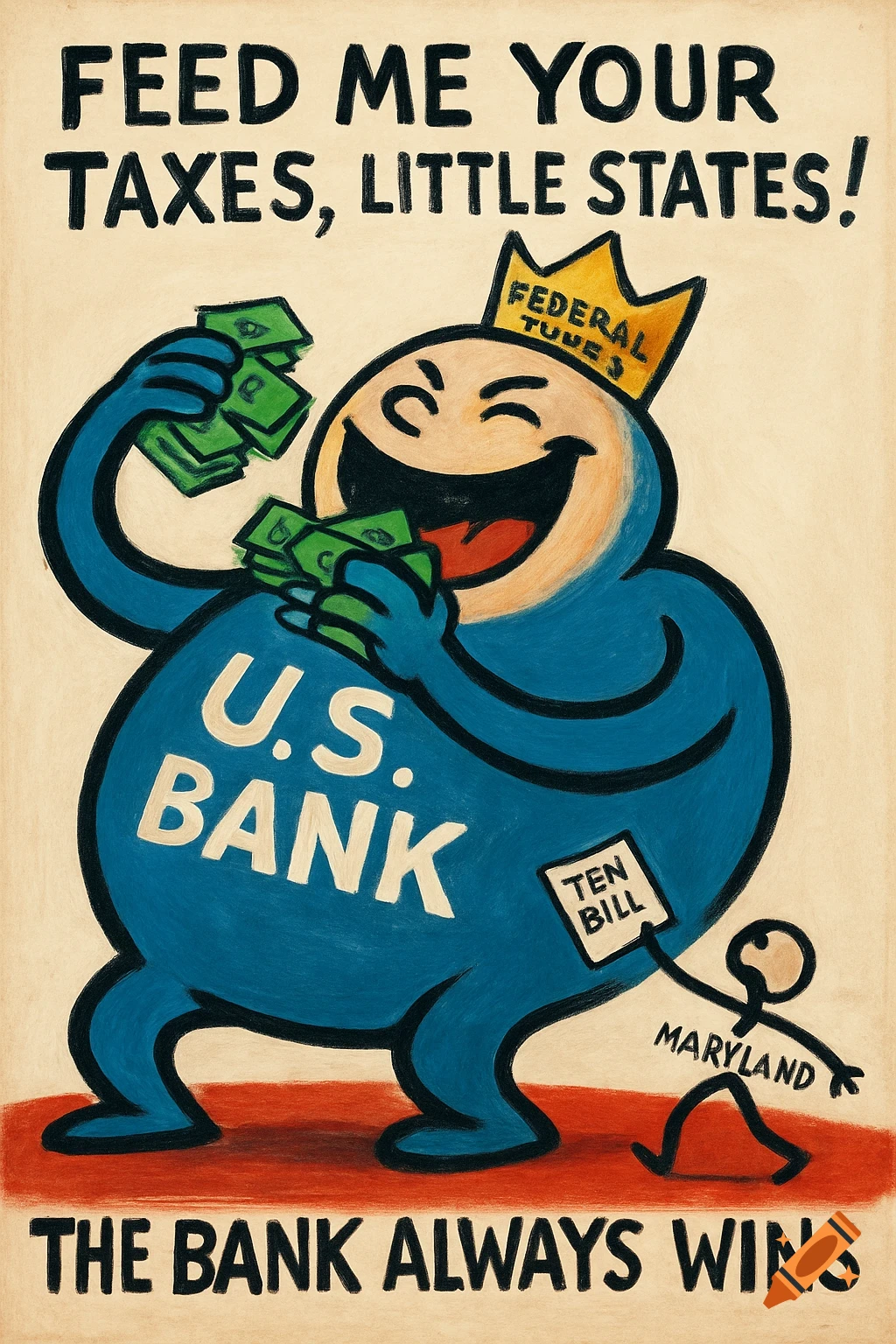 A vintage-style political cartoon poster shows a giant blue U.S. Bank monster eating money from a tiny Maryland stick figure. Text reads 'FEED ME YOUR TAXES, LITTLE STATES!' and 'THE BANK ALWAYS WINS'.