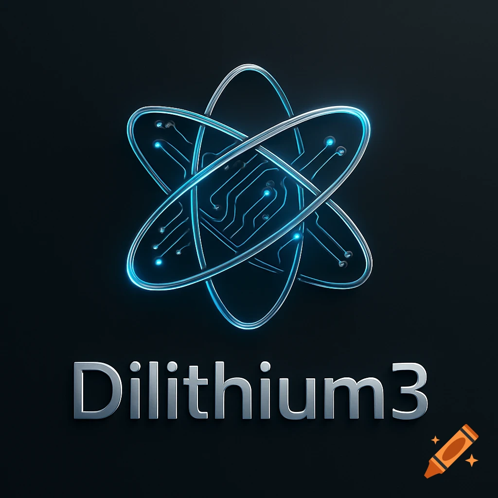 A futuristic quantum computing logo with glowing blue circuitry and intertwining rings above metallic text 'Dilithium3' on a dark background.