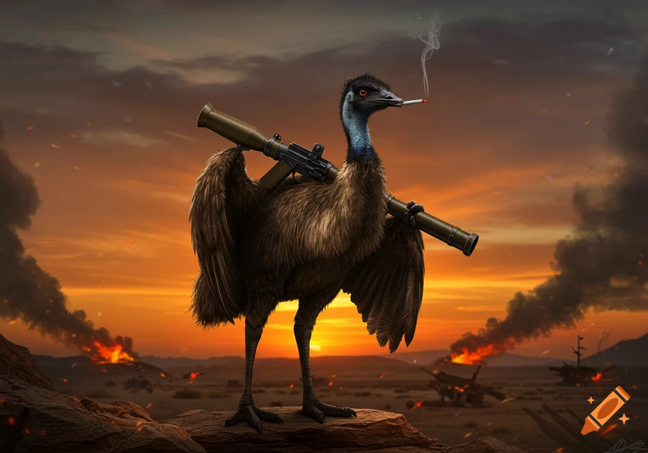 An emu with a blue neck, holding an RPG launcher and smoking a cigarette, stands on a rock on a burning battlefield at sunset.